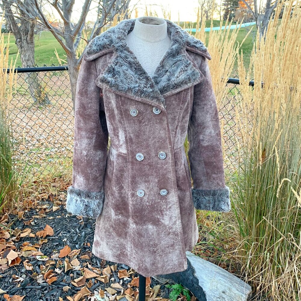 Vintage Penny Lane Pea Coat Faux Suede Fur Trim Double Breasted Overcoat - Picture 1 of 16